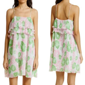 Ganni Floral Pleated Layered Mini Dress Pink and Green Size S NWT